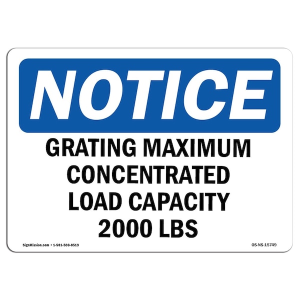 Safety Sign, OSHA Notice, 18" Height, NOTICE Grating Maximum Concentrated Load Sign, Landscape